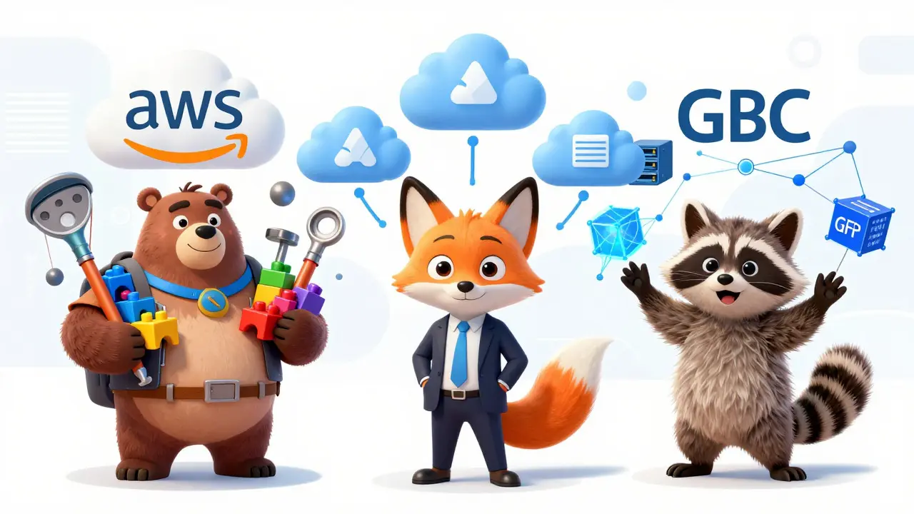 Three animal mascots representing AWS, Azure, and GCP strengths