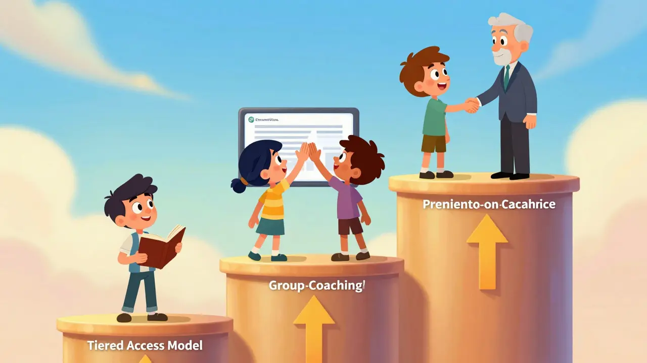 Three tiers of service depicted as characters on rising platforms in a colorful animated style