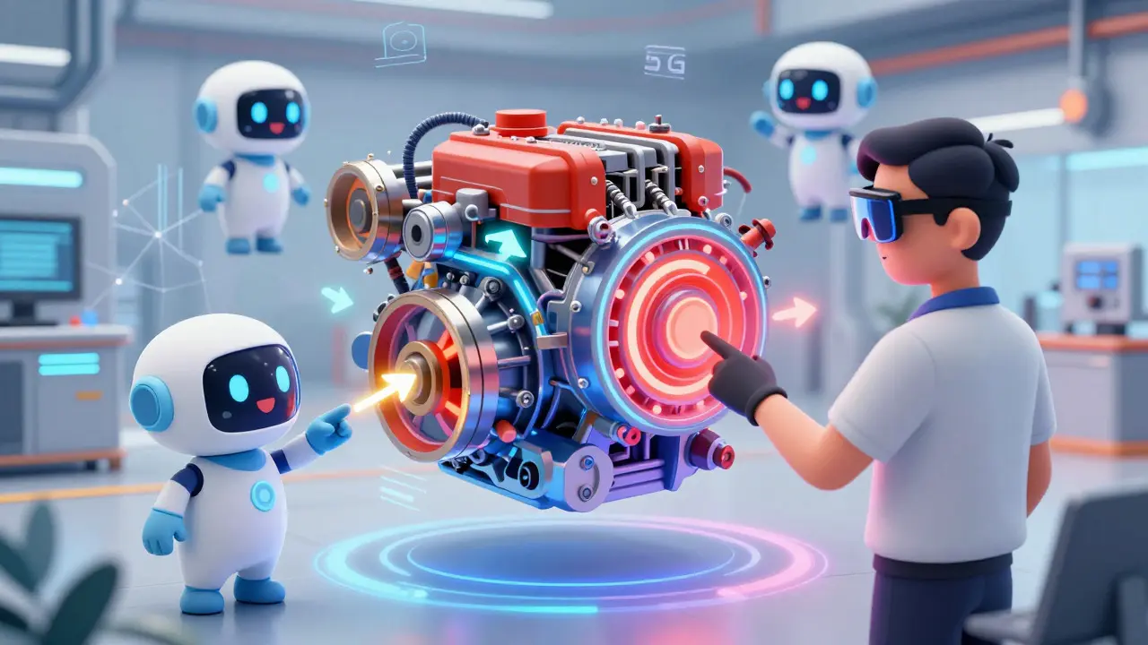 Worker using AR glasses with AI assistants guiding engine repair
