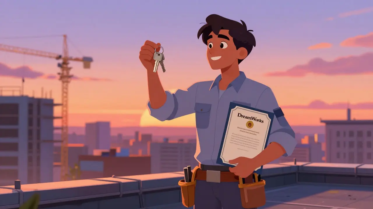 Young construction worker celebrating career success on a rooftop
