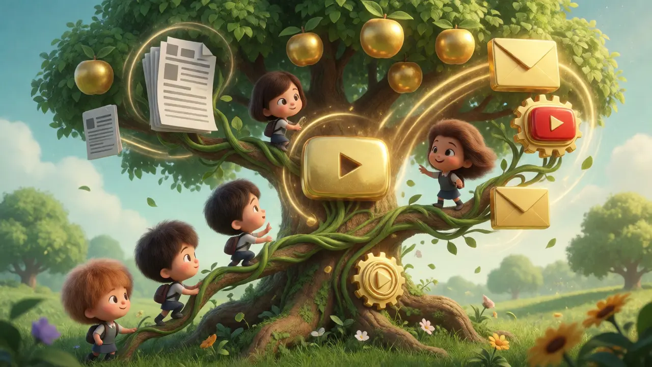 A magical tree illustrating how blogs, videos, and emails grow together to drive course sales.