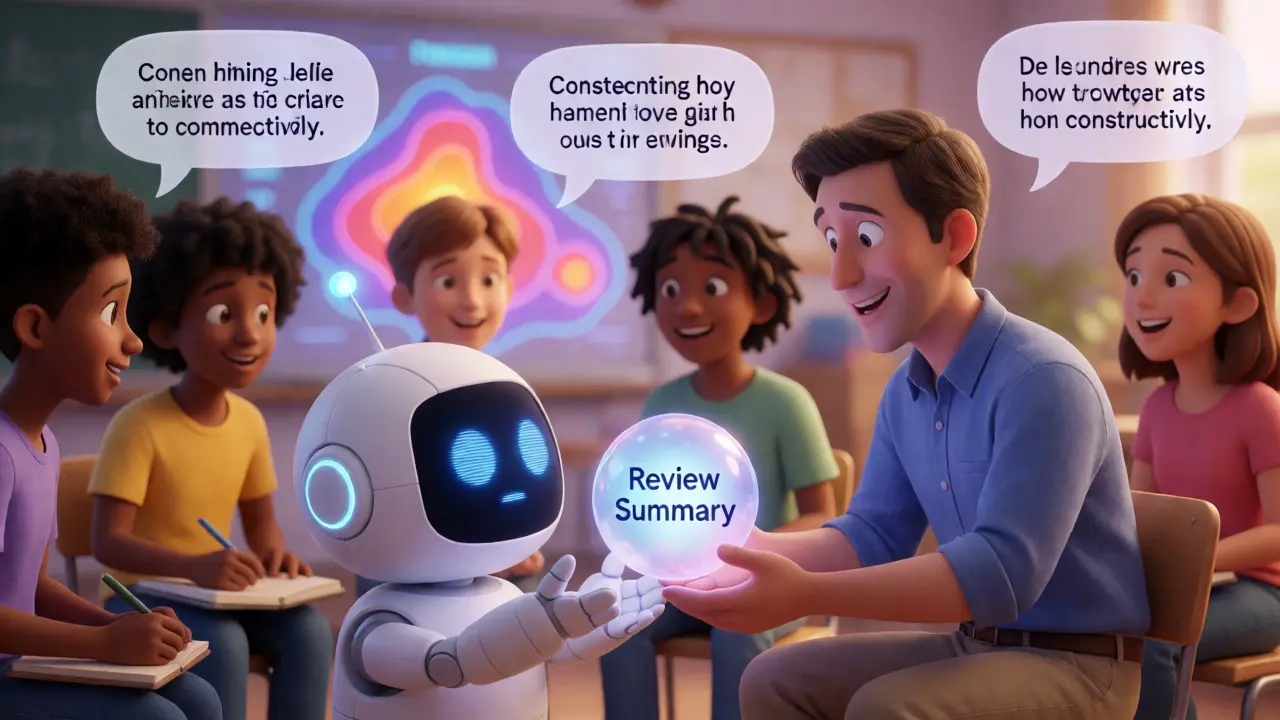 AI robot assisting an instructor as students engage in constructive feedback circles.