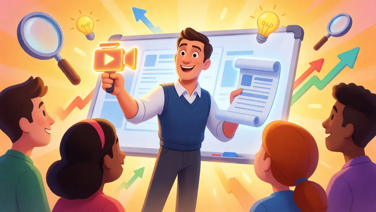 An animated instructor connecting with students using video and blog content in a bright setting.