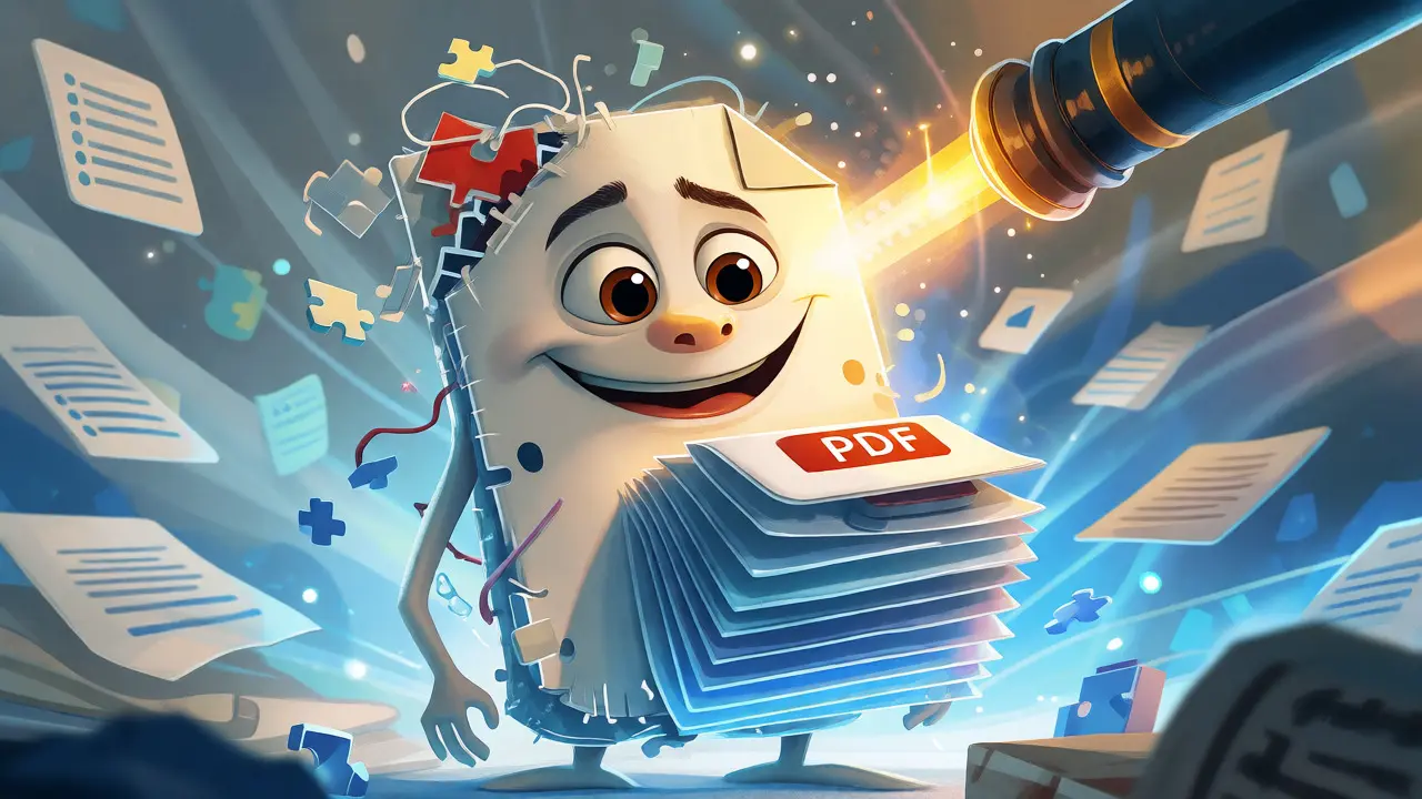 An animated PDF character transforming from messy to organized via a magical editing tool.