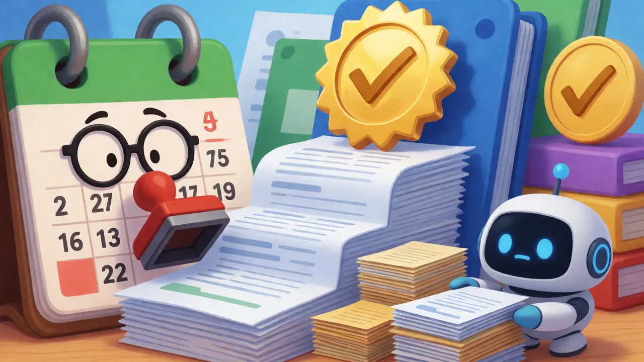 Anthropomorphic calendar and documents representing business compliance