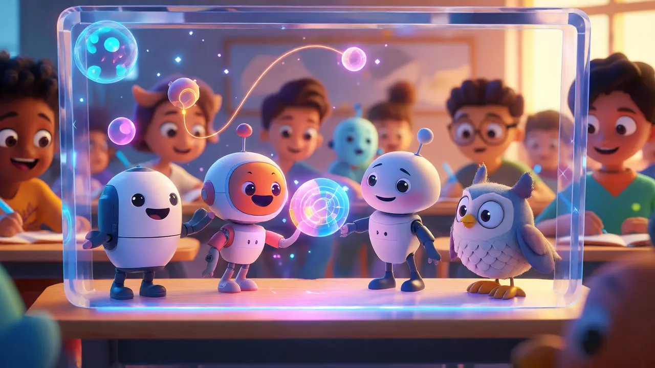 Anthropomorphic digital assistants collaborating inside a virtual classroom.