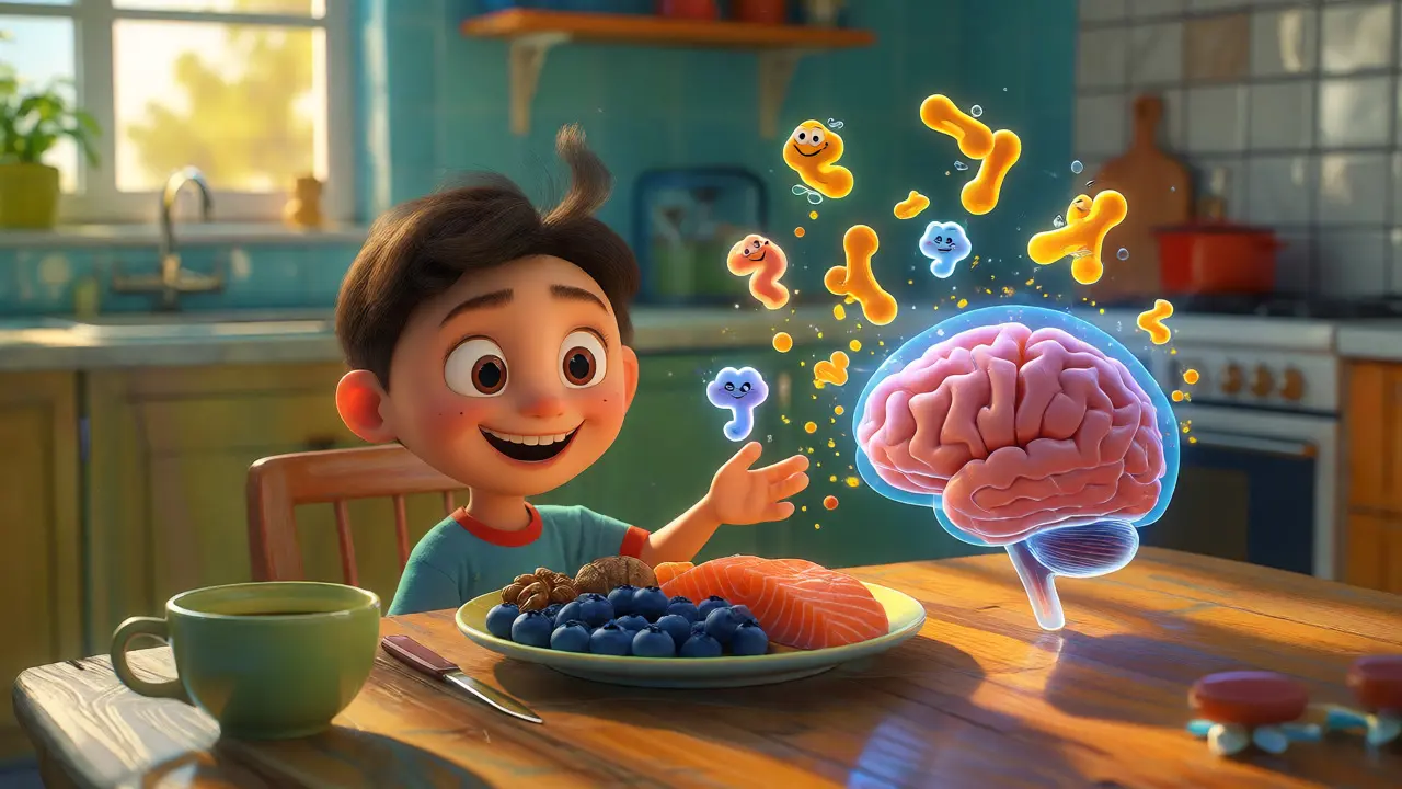 Character eating healthy foods with floating nutrient icons entering a brain model