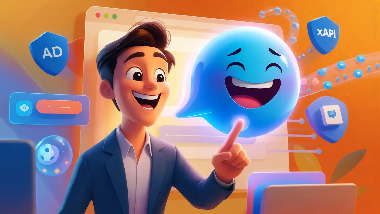 Cheerful cartoon professional easily accessing courses via integrated app.