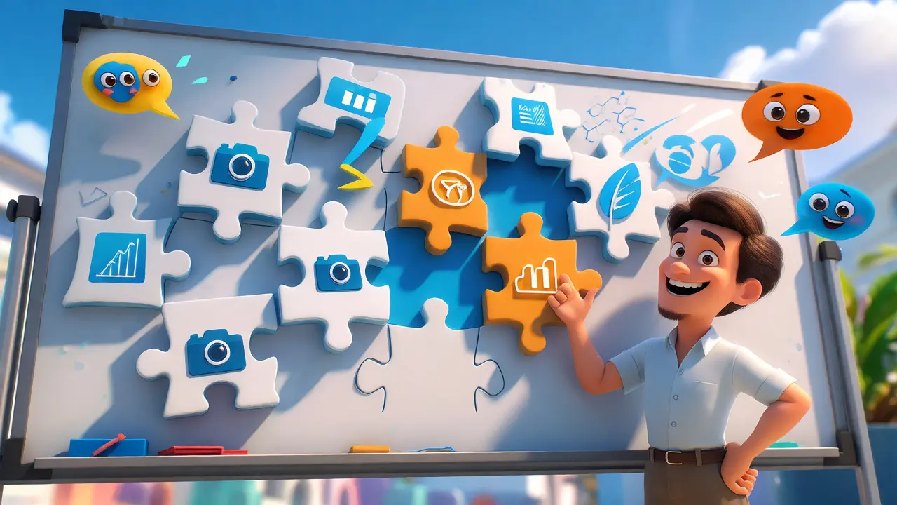 Cheerful instructor arranging puzzle pieces on a bright interactive board