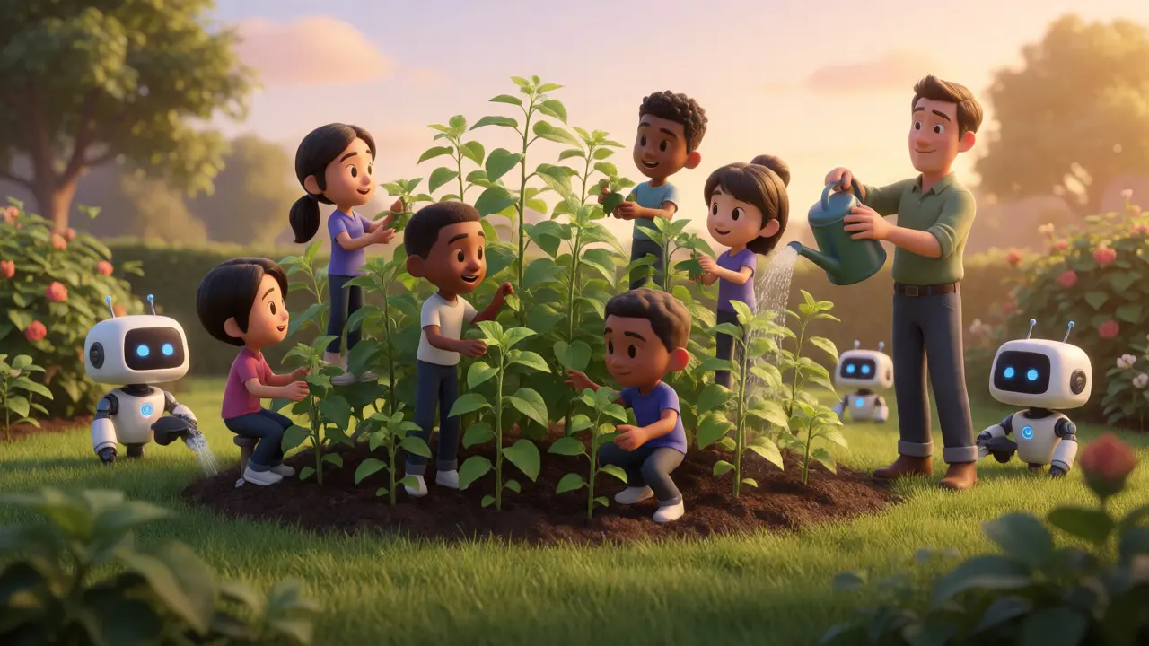 Community manager tending a garden of interconnected, self-supporting students