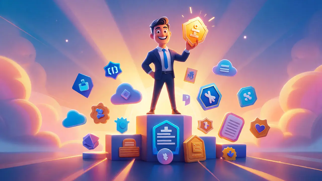 Confident professional standing on a pedestal of digital badges, holding a verified skill certificate like a trophy.