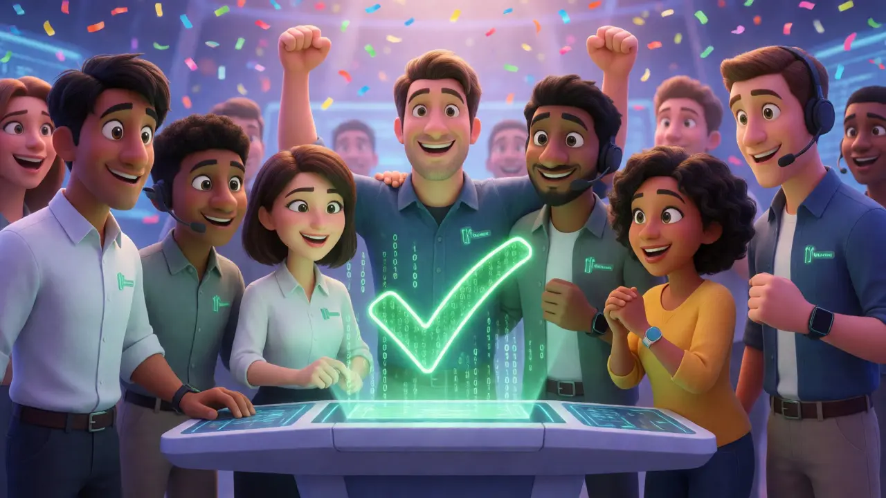 Diverse IT team celebrating successful deployment with glowing holographic checkmark.