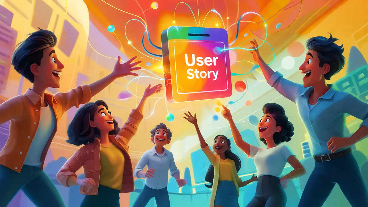 Diverse learners connected by glowing threads to a central user story concept
