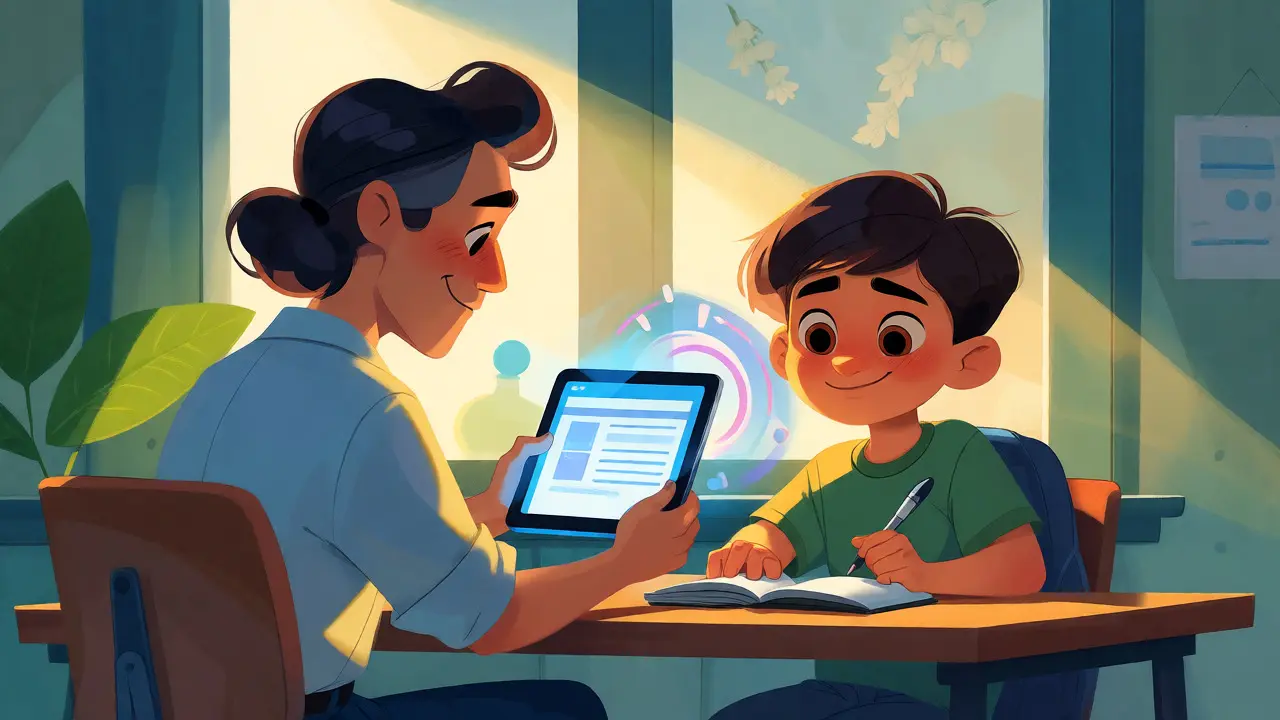 Educator and student happily interacting with accessible course materials on a tablet.