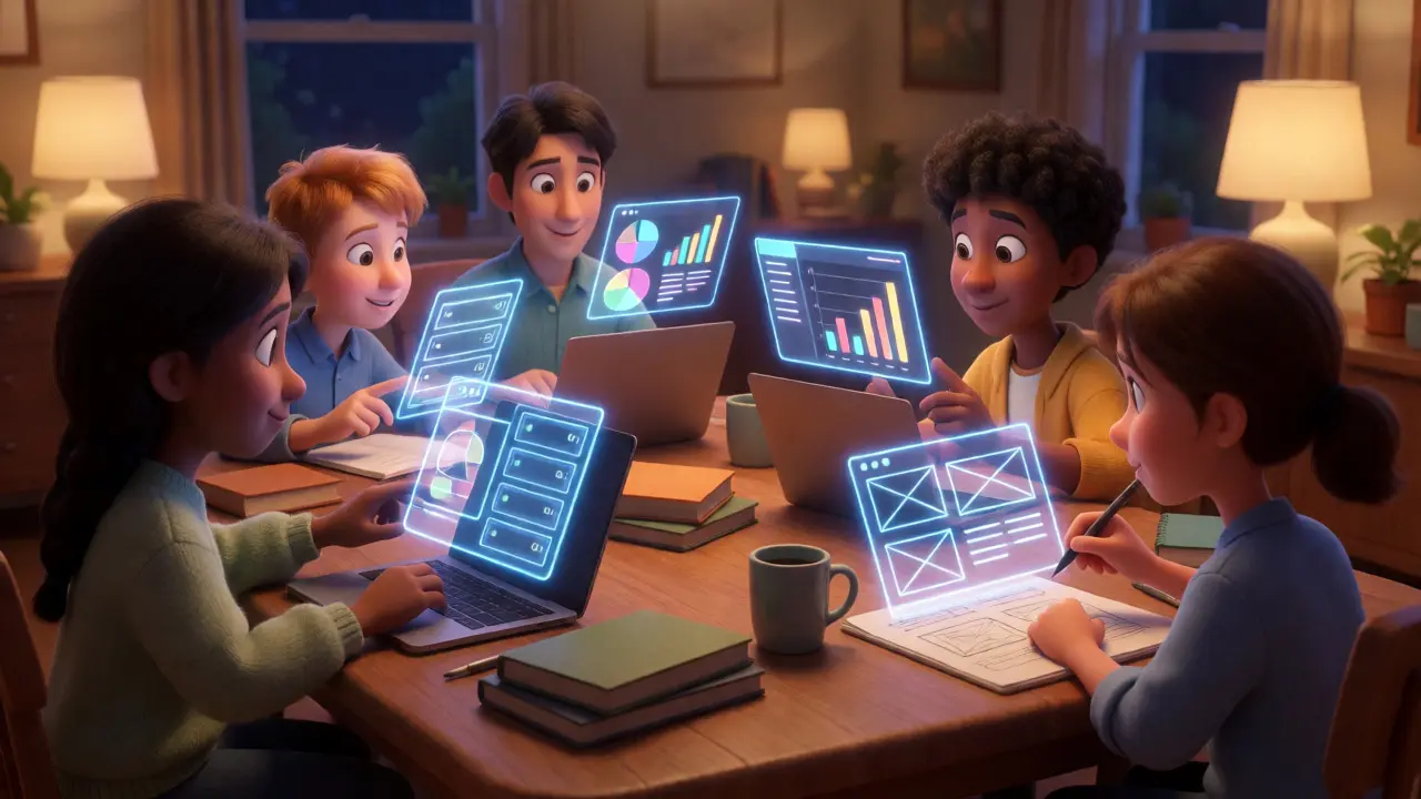 Friends studying IT, data, and design together in a cozy room