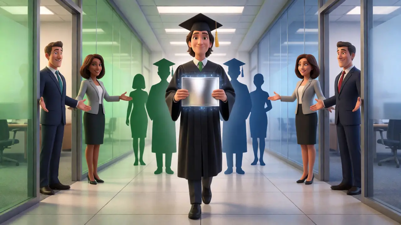 Graduate walking confidently into a job interview with a certificate
