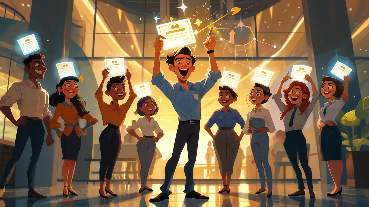 Group of cartoon employees celebrating shared learning achievements.