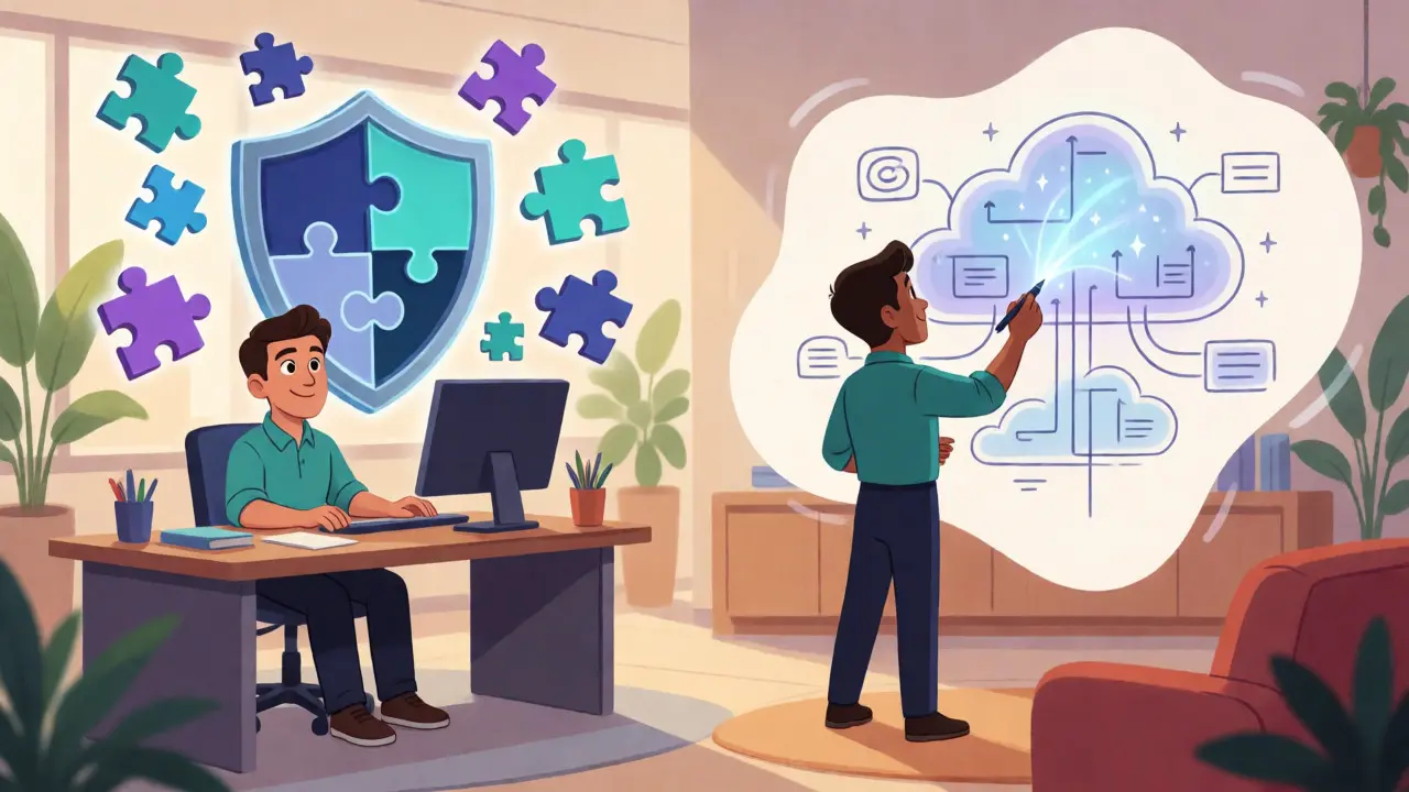Junior dev building security shields while senior architect designs cloud systems.