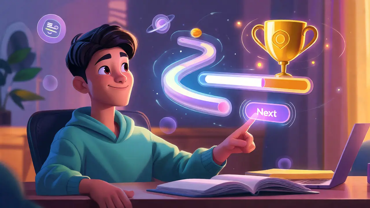 Learner interacting with a gamified progress path interface on a floating holographic display.
