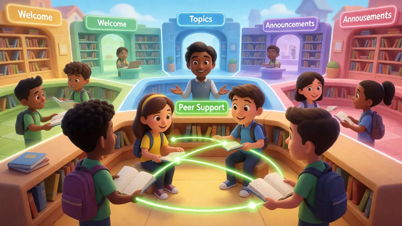 Organized digital space with students helping peers in distinct community zones