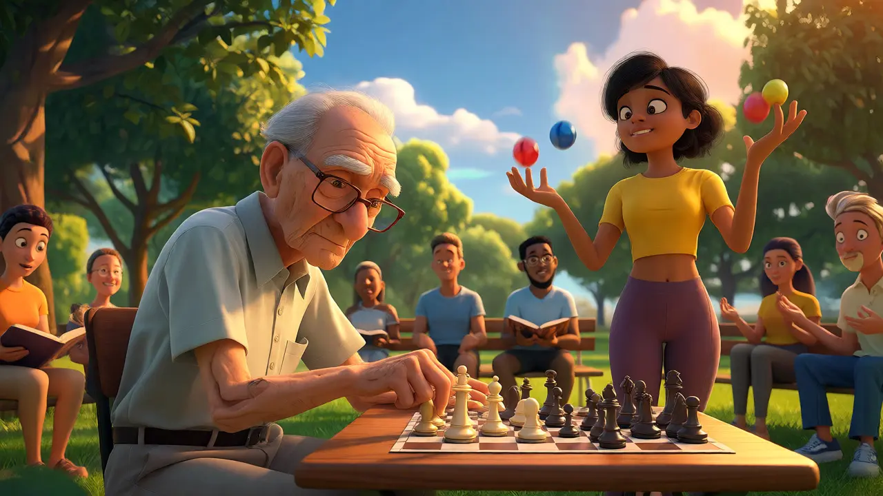 People playing chess, juggling, and reading in a park for cognitive training