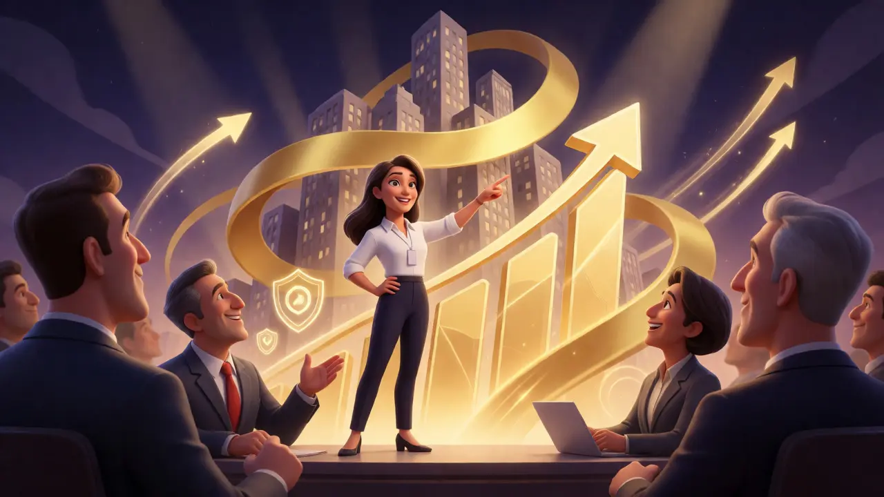 Presenter showcasing business growth and ROI to impressed executives using abstract visual metaphors.