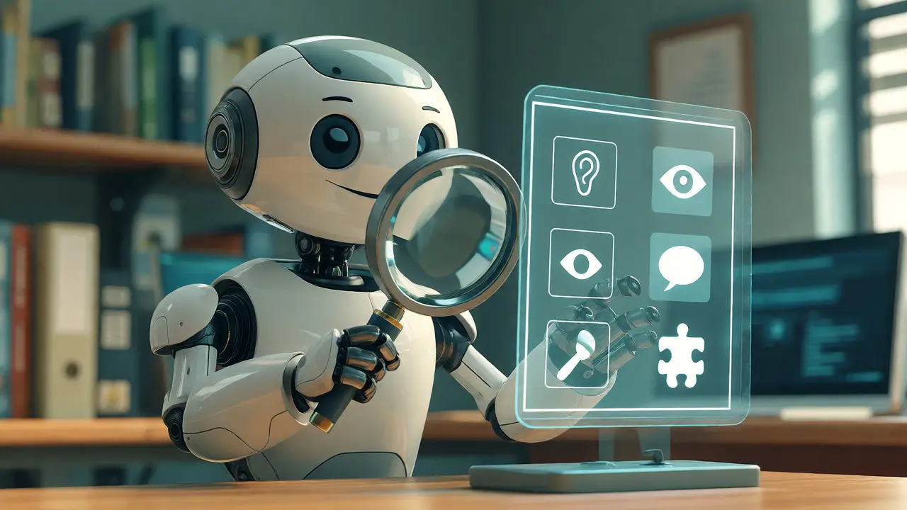 Robot assistant checking accessibility icons with a magnifying glass