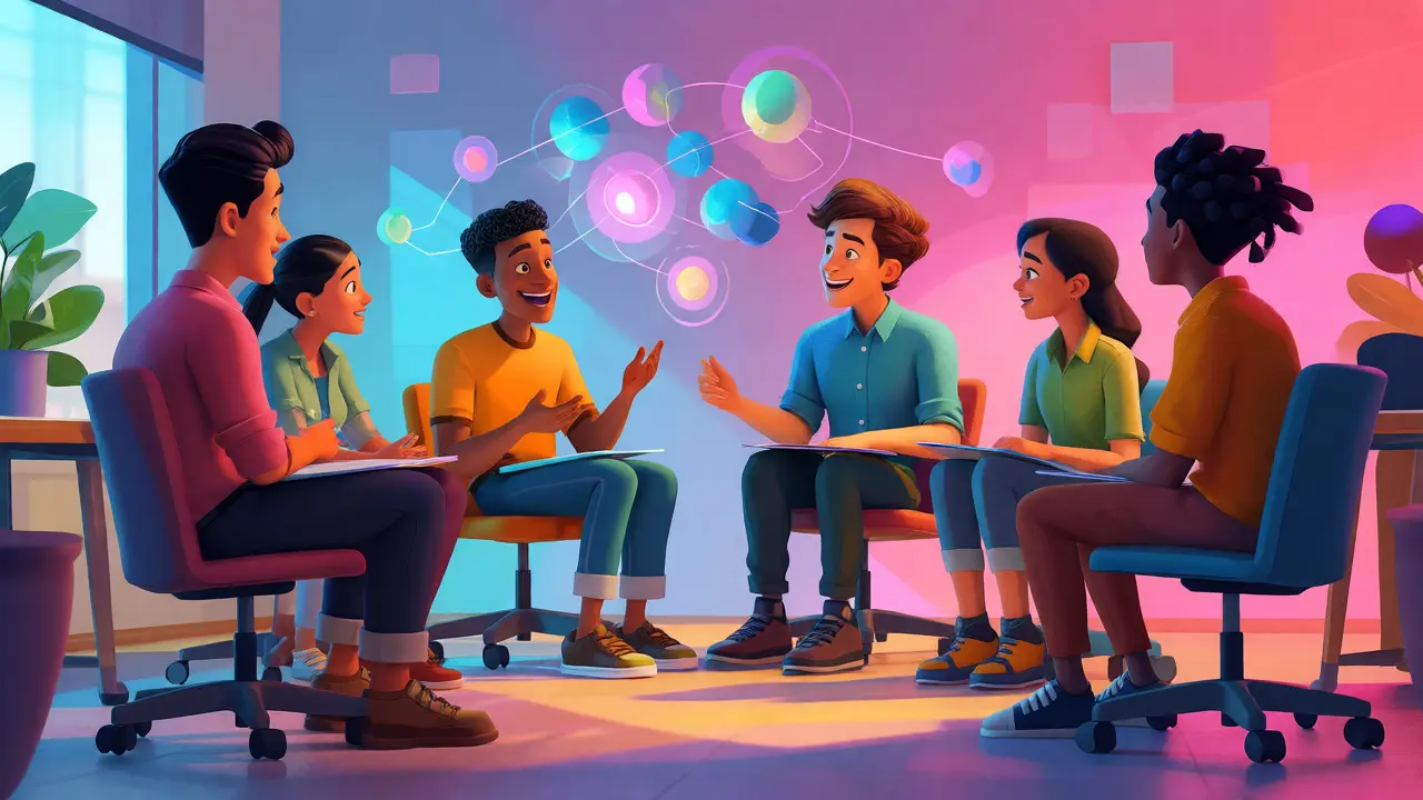 Small group of employees collaborating in a circle during an interactive workshop activity.