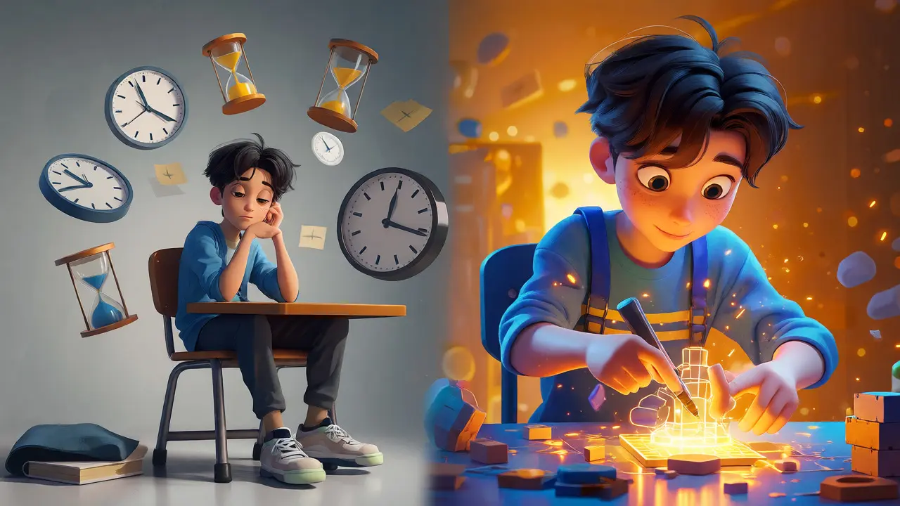 Split view contrasting passive classroom attendance with active hands-on skill mastery in a colorful illustration.