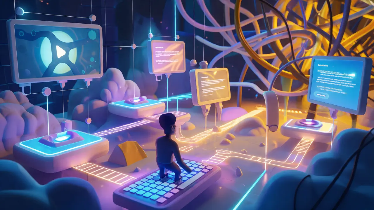 Student navigating a clear, structured digital learning landscape in DreamWorks animation style.