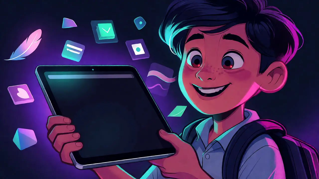 Student using a tablet in dark mode surrounded by symbols of lightweight digital assets.