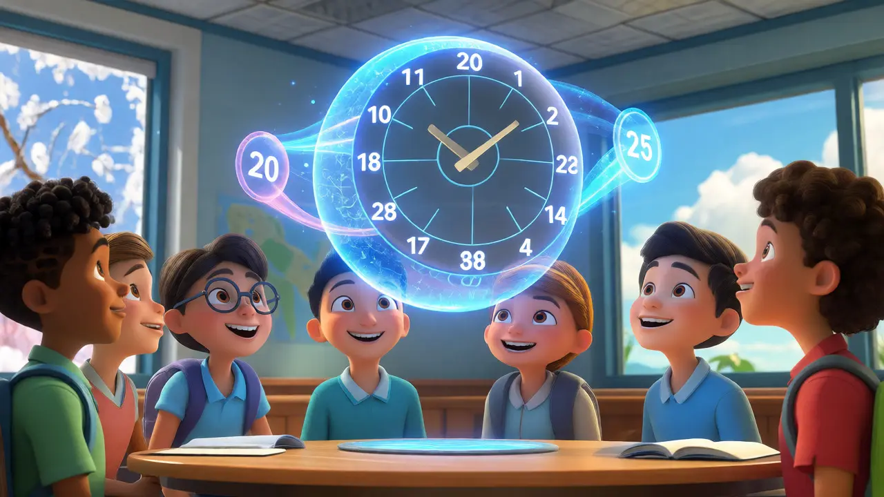 Students viewing a synchronized global time calendar orb