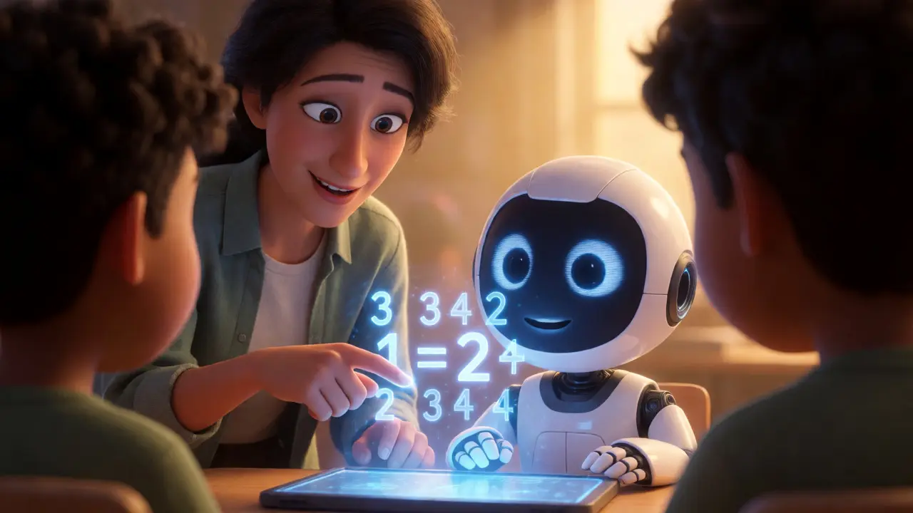 Teacher guiding a student through a digital lesson, clarifying the AI's confusion.