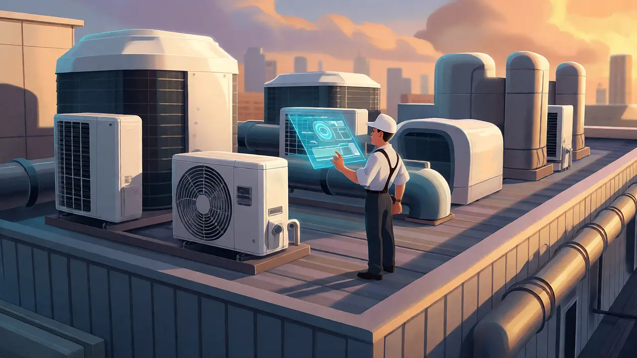 Technician using a holographic control panel on a modern commercial roof.