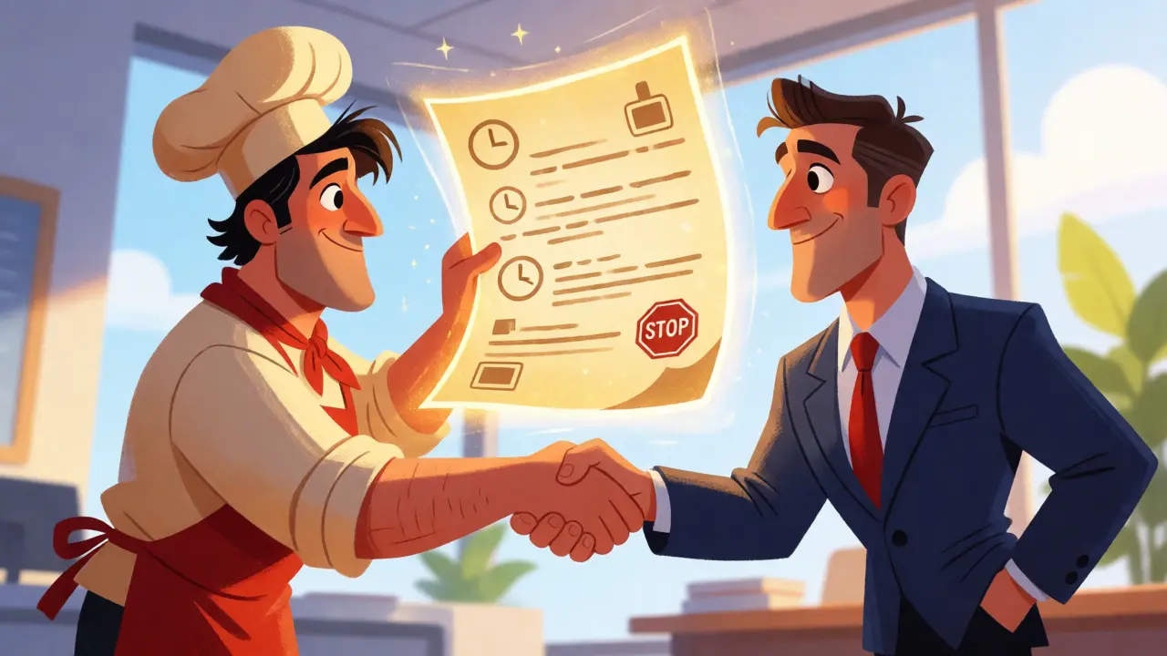 Two cartoon characters signing a glowing digital contract