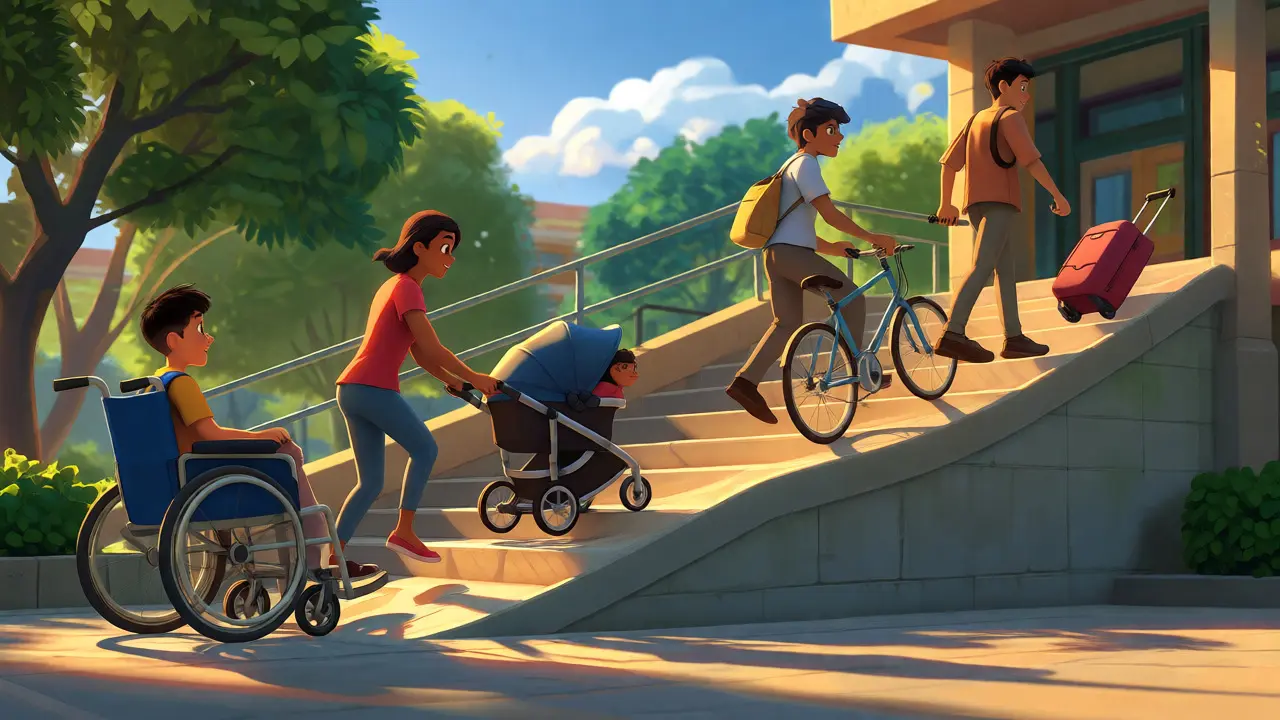 Various people using a ramp together, illustrating the curb-cut effect in DreamWorks style.