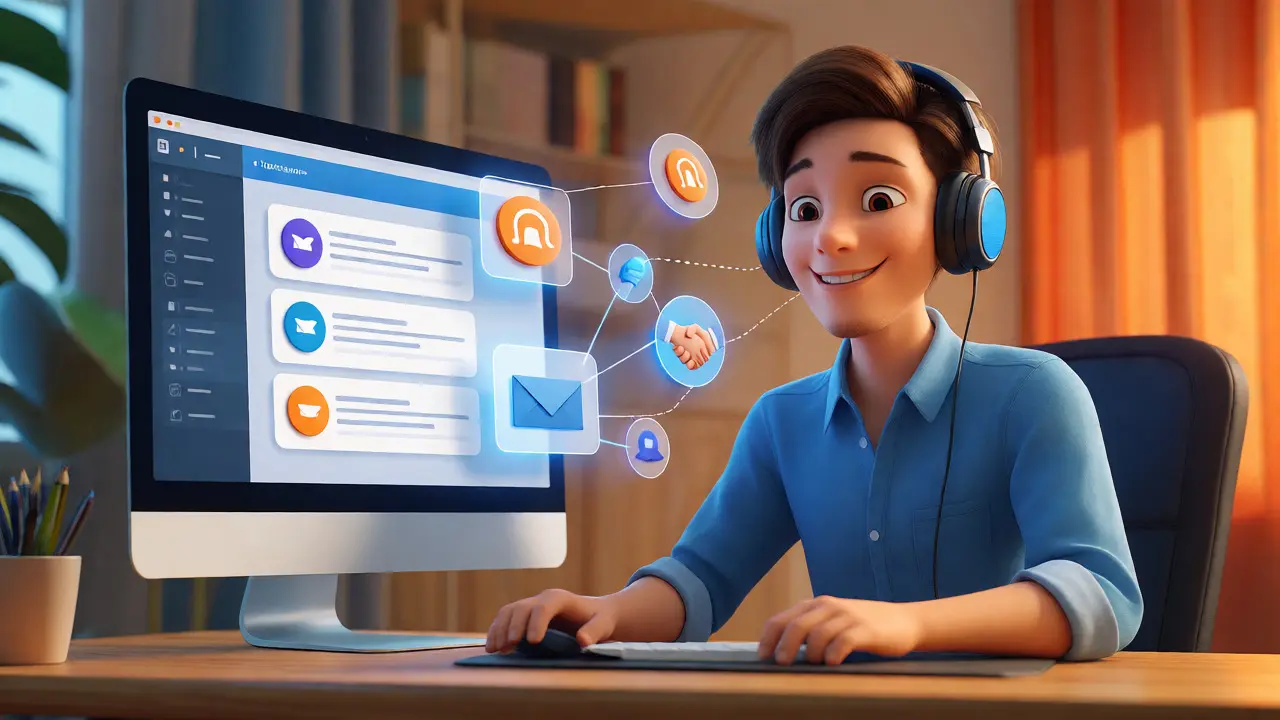 Voice artist managing client connections and projects from a professional home office setup.