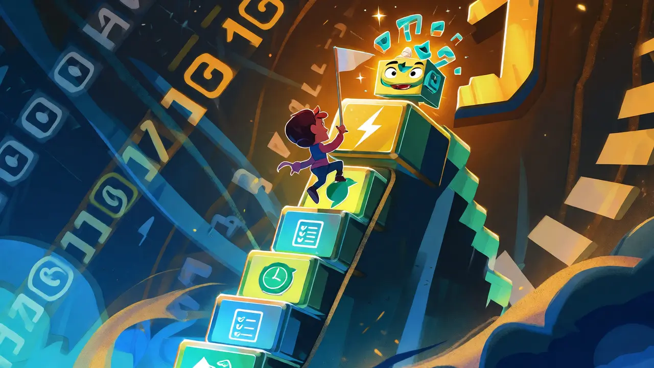 A character climbing a ladder of quick wins toward a premium reward.