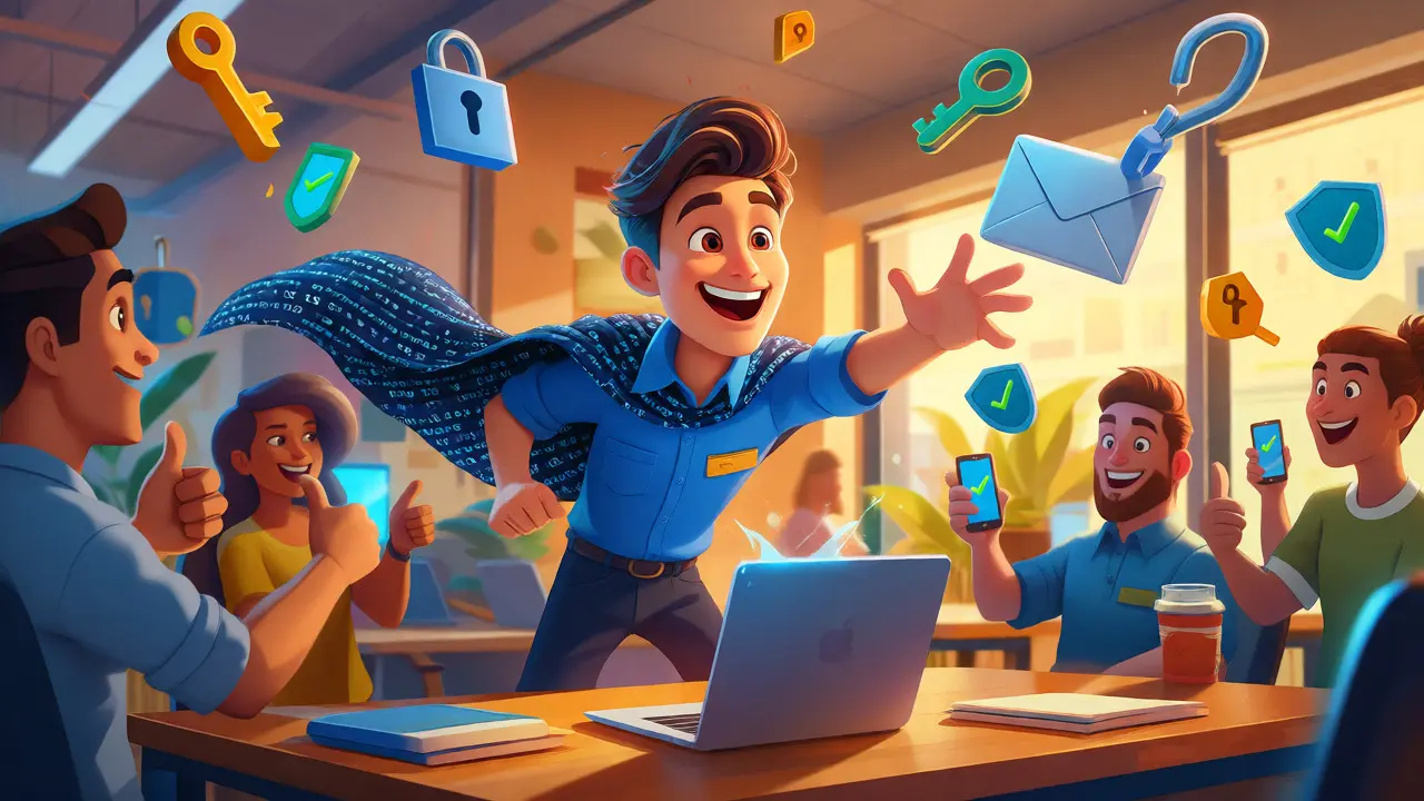 Animated employee saving a colleague from a phishing attack in a modern office.