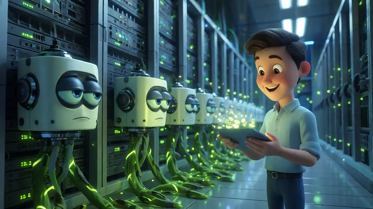 Animated servers powered by green energy vines in a library-like room