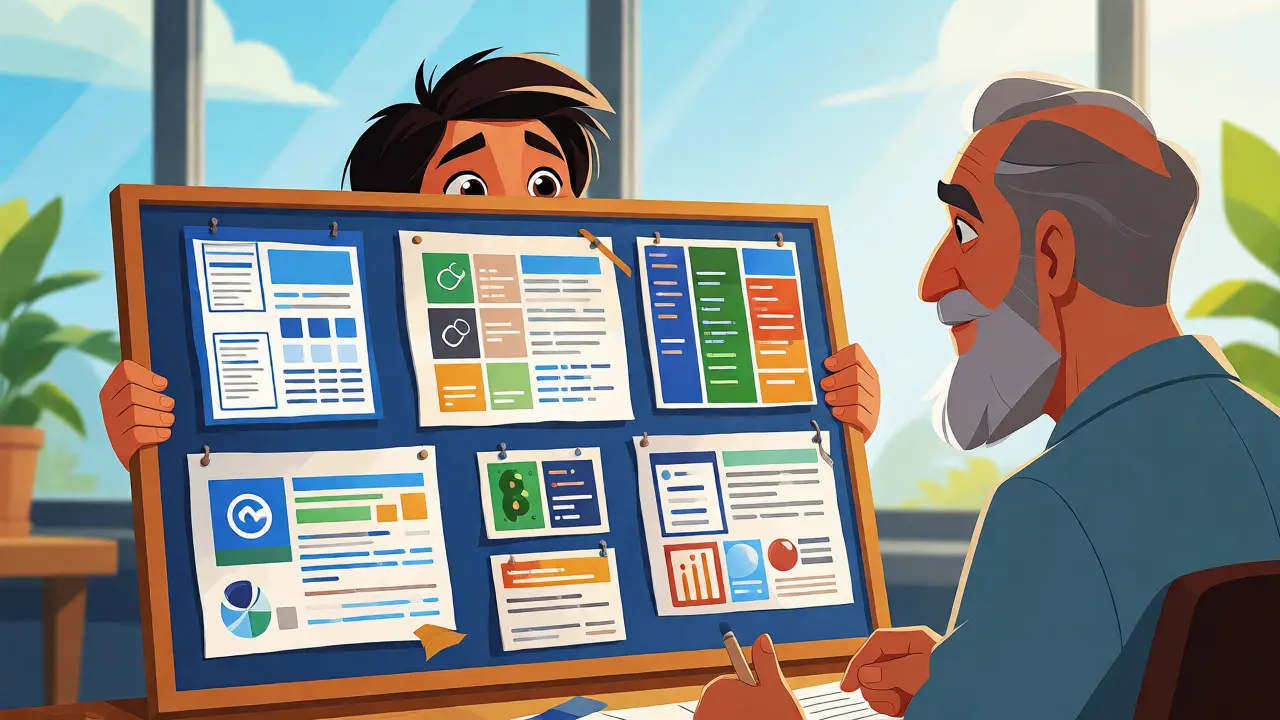 Candidate showcasing a portfolio of projects to an impressed hiring manager