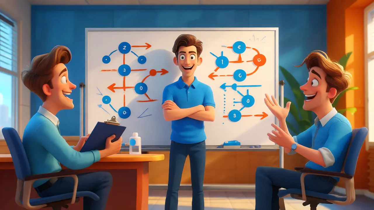 Cartoon-style mock interview scene with a candidate explaining algorithms to friendly interviewers.