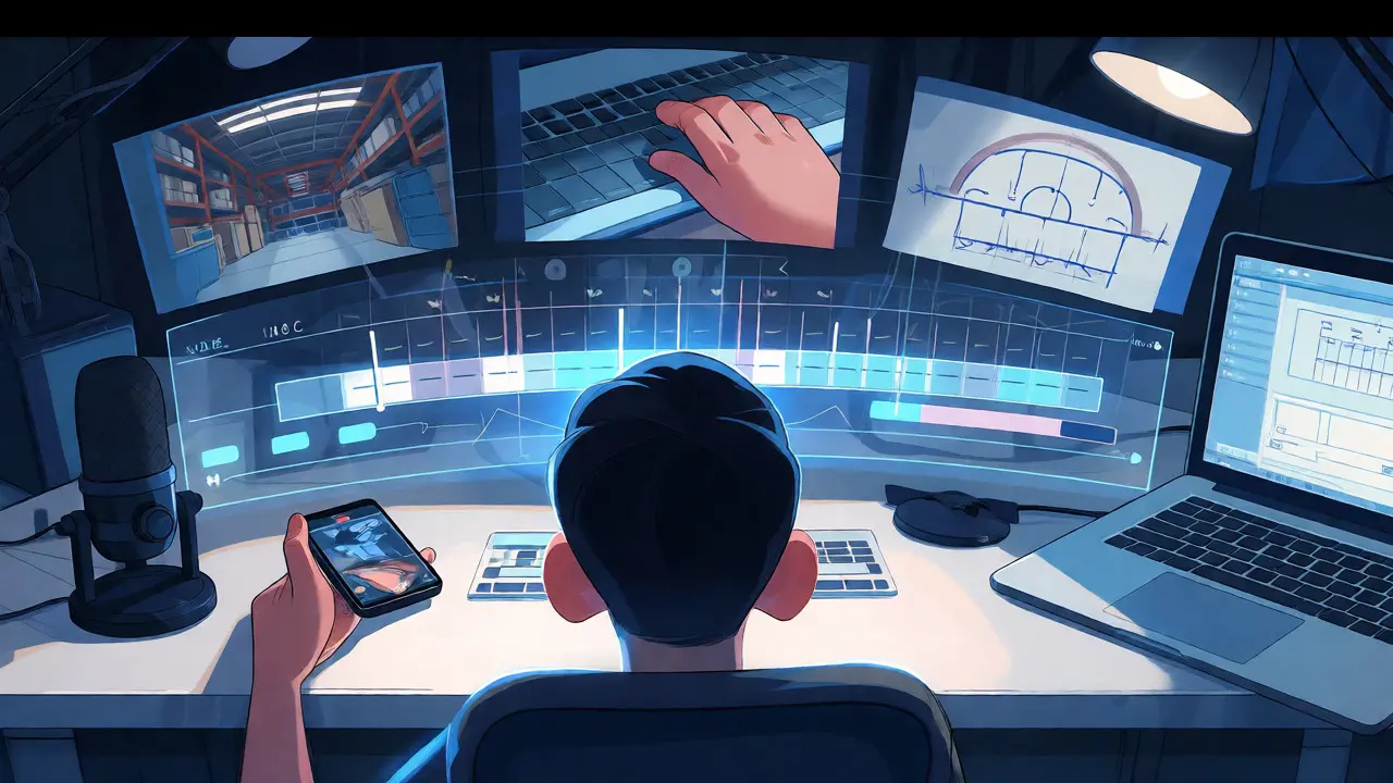 Creator's desk with floating holographic video editing timeline