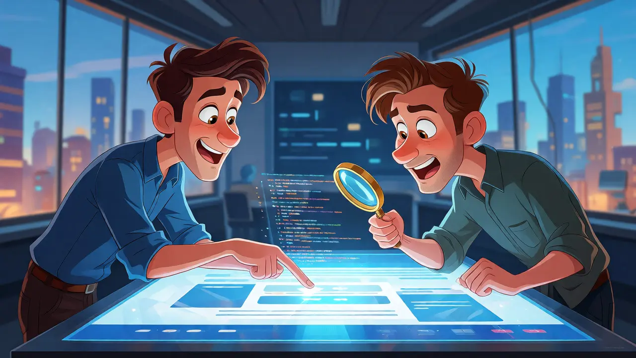 Designer and developer collaborating over a holographic website interface.
