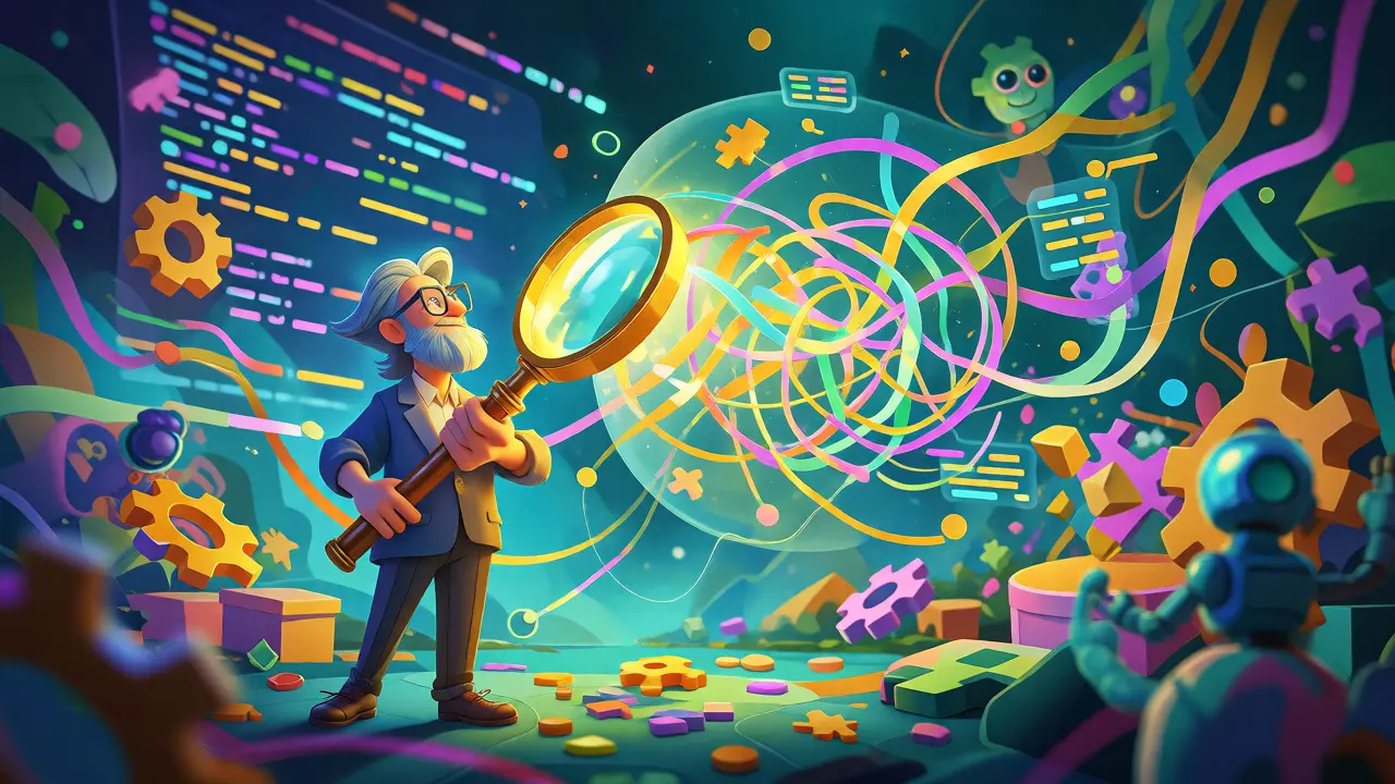 Developer using a glowing magnifying glass to inspect tangled code ribbons