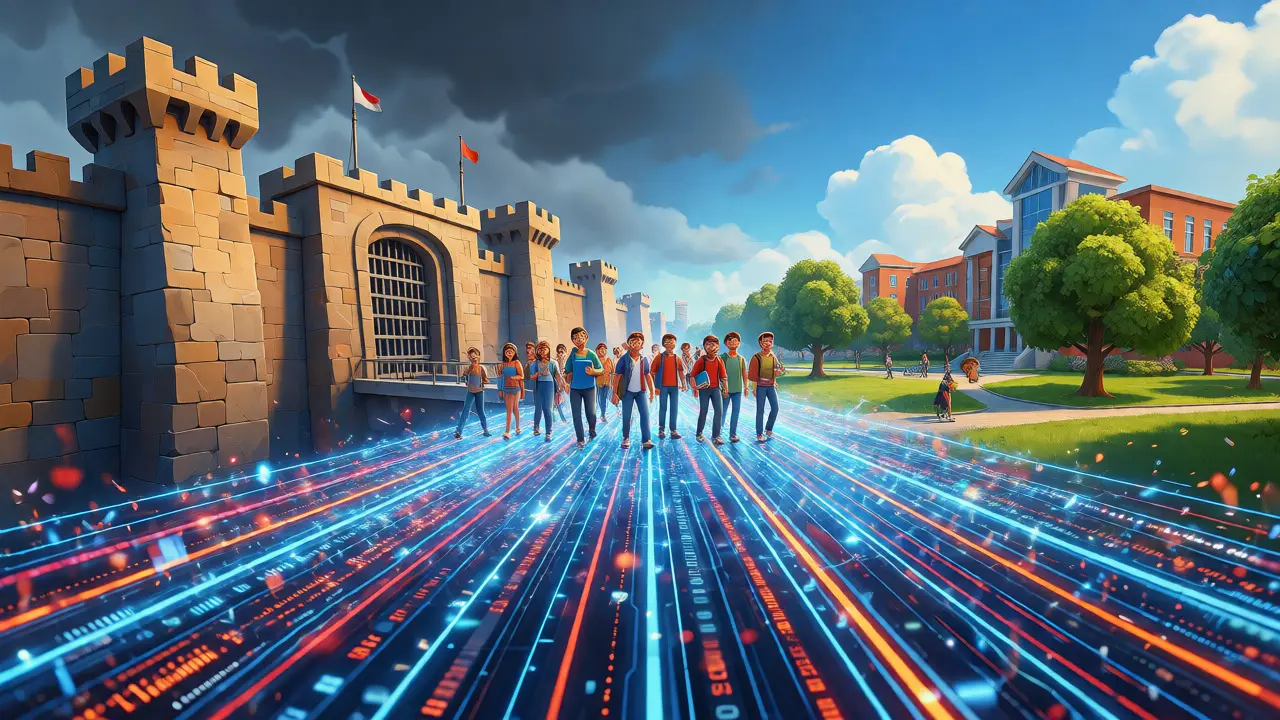 Digital bridge connecting a prison fortress to a university campus.