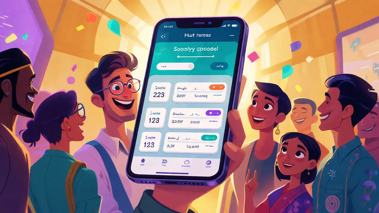 Diverse characters happily using a perfectly localized and accessible mobile app interface.