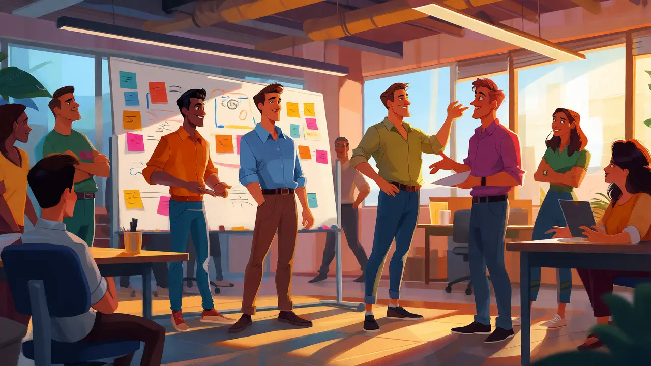 Diverse team collaborating actively in a bright office during a leadership simulation.