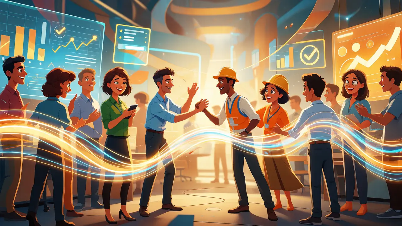 Diverse team connected by glowing ribbons in a collaborative workspace