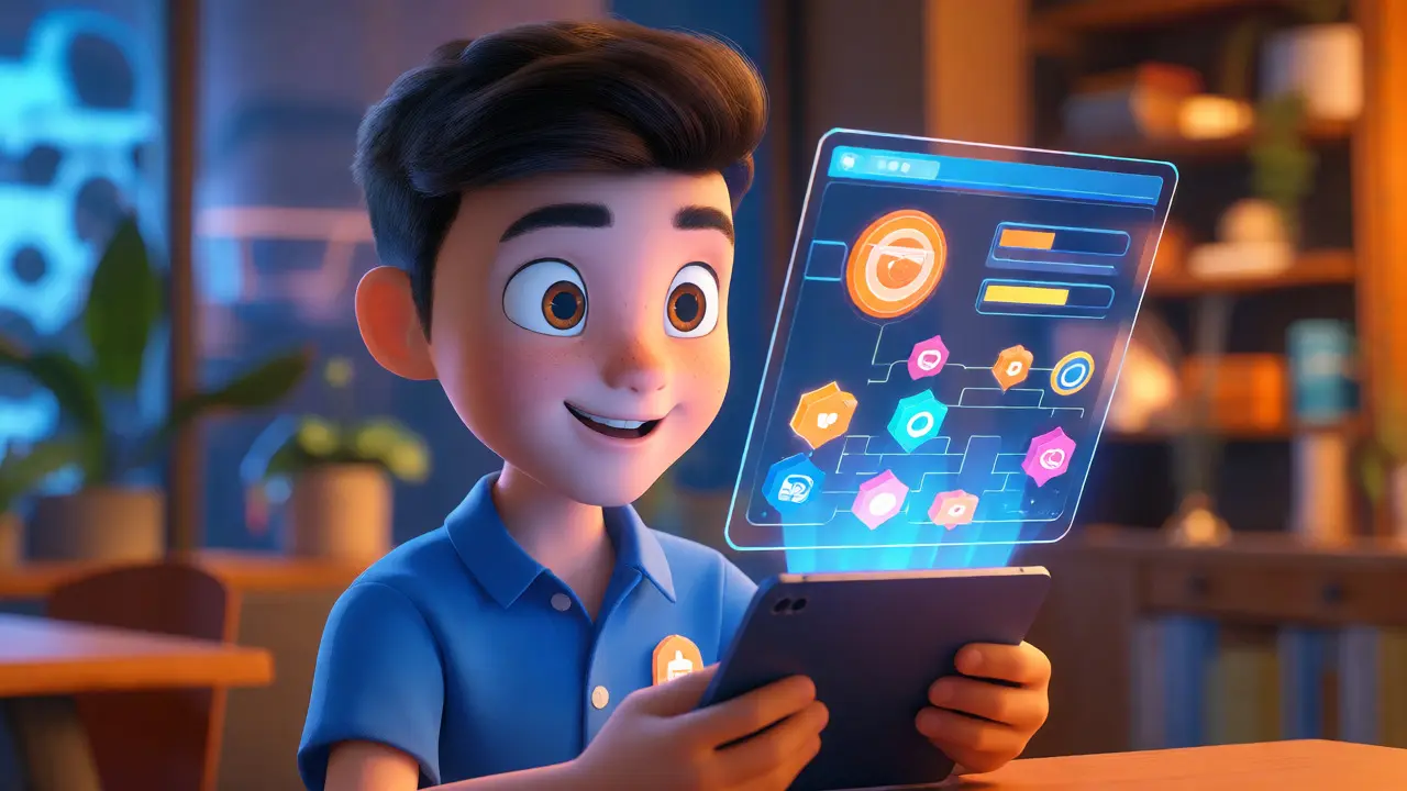 Employee engaging with a gamified holographic learning interface on a tablet.
